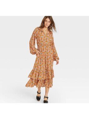 Casual Prairie Boho Midi Long Dress Mustard Yellow Smocked Waist Ruffle Medium